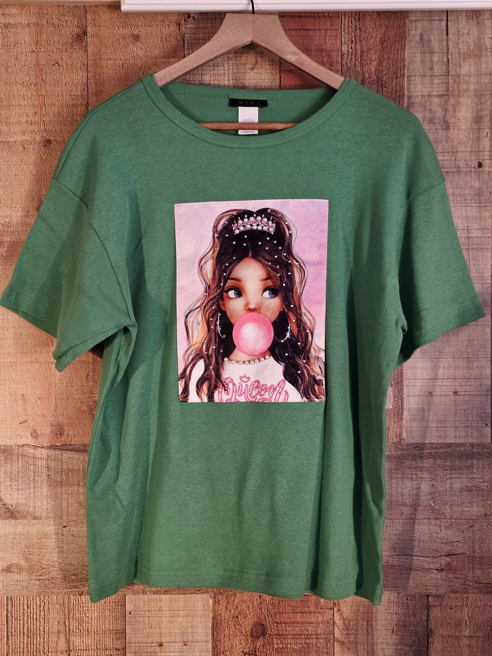 RARE Vintage VIVI Green Short Sleeve Tee with Pink Bubble Girl Queen Graphic